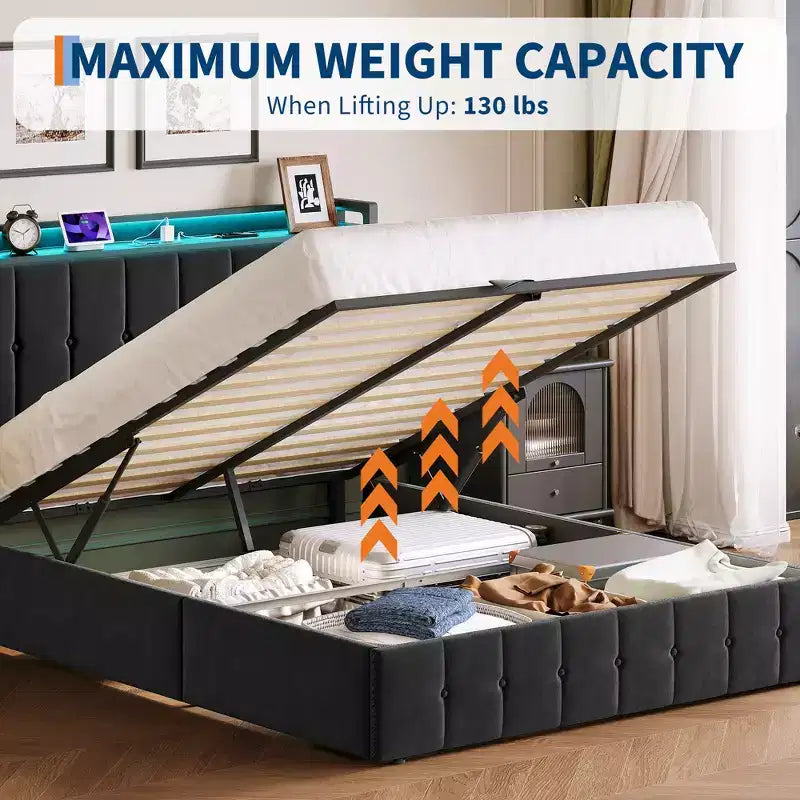 COZONY Upholstered Velvet Bed Frame with Lift-Up Storage & LED Lights; Storage Headboard with Charging Station Metal Platform Bed