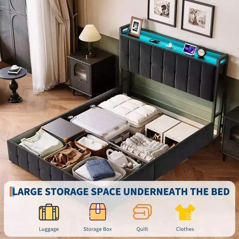 COZONY Upholstered Velvet Bed Frame with Lift-Up Storage & LED Lights; Storage Headboard with Charging Station Metal Platform Bed