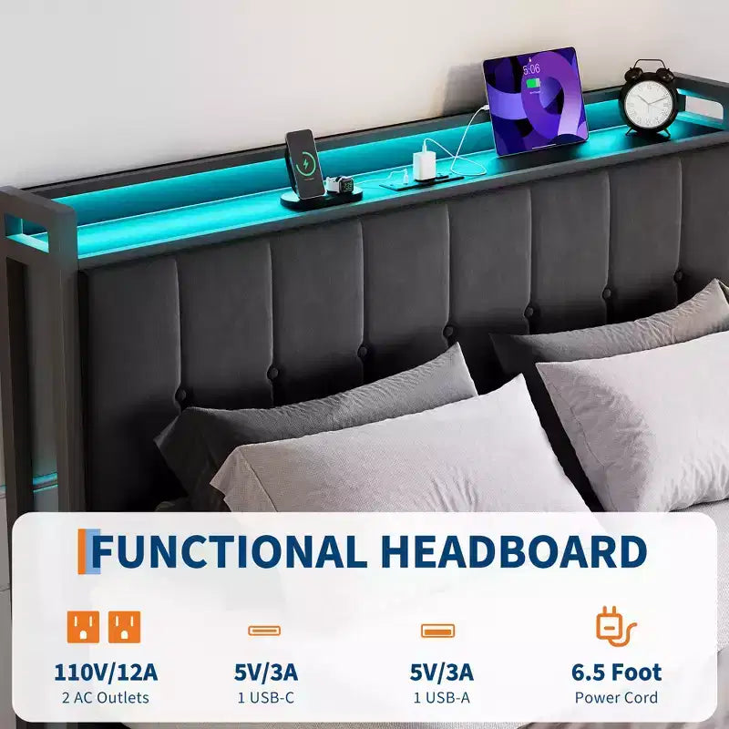 COZONY Upholstered Velvet Bed Frame with Lift-Up Storage & LED Lights; Storage Headboard with Charging Station Metal Platform Bed