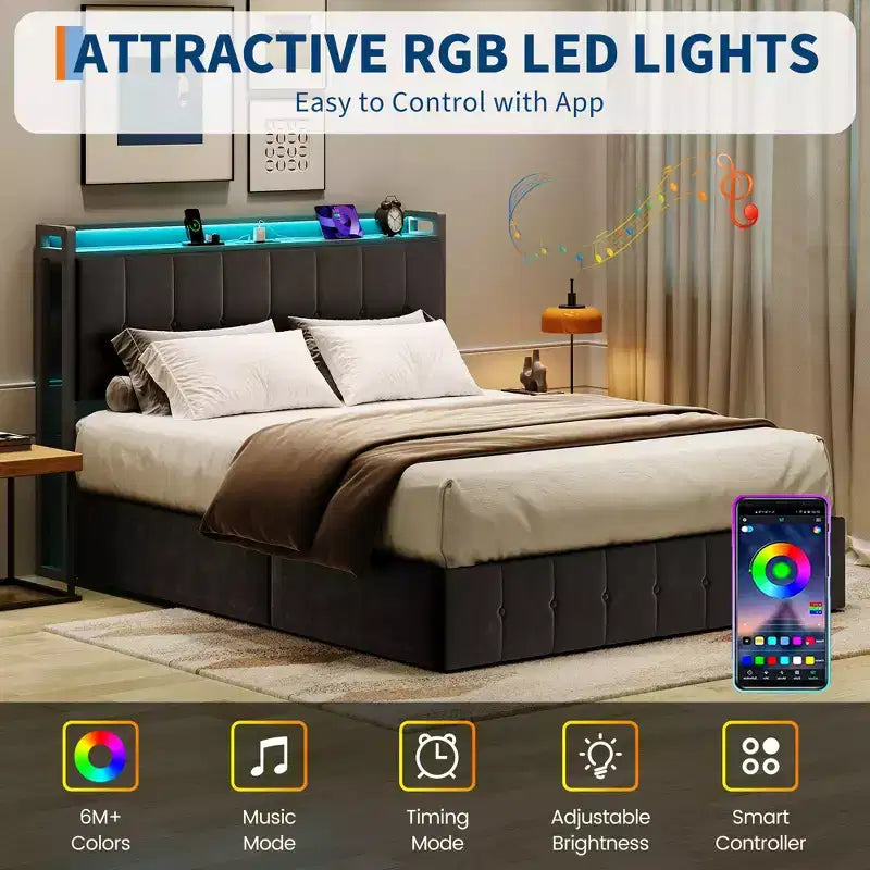 COZONY Upholstered Velvet Bed Frame with Lift-Up Storage & LED Lights; Storage Headboard with Charging Station Metal Platform Bed