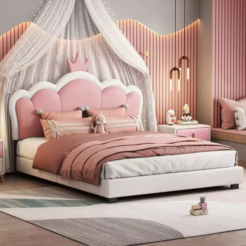 Twin/Full Princess Bed with Crown Headboard; PU Leather Pink Platform Bed Frame for Kids Bedroom