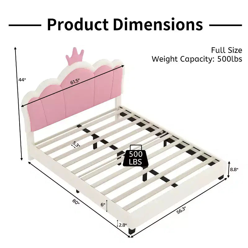 Twin/Full Princess Bed with Crown Headboard; PU Leather Pink Platform Bed Frame for Kids Bedroom