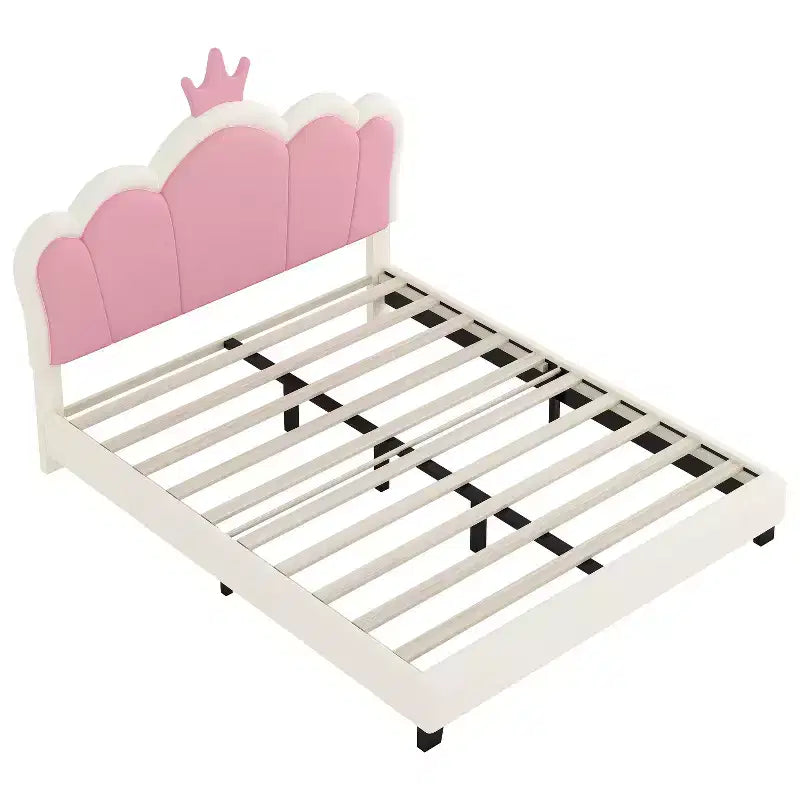 Twin/Full Princess Bed with Crown Headboard; PU Leather Pink Platform Bed Frame for Kids Bedroom