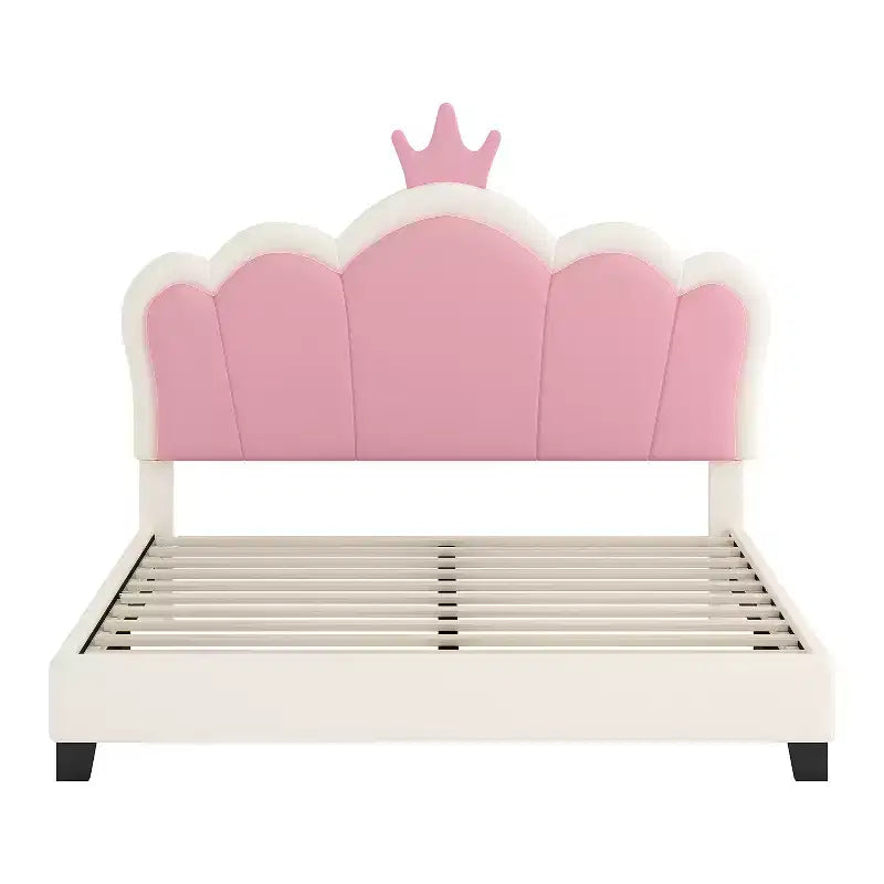Twin/Full Princess Bed with Crown Headboard; PU Leather Pink Platform Bed Frame for Kids Bedroom
