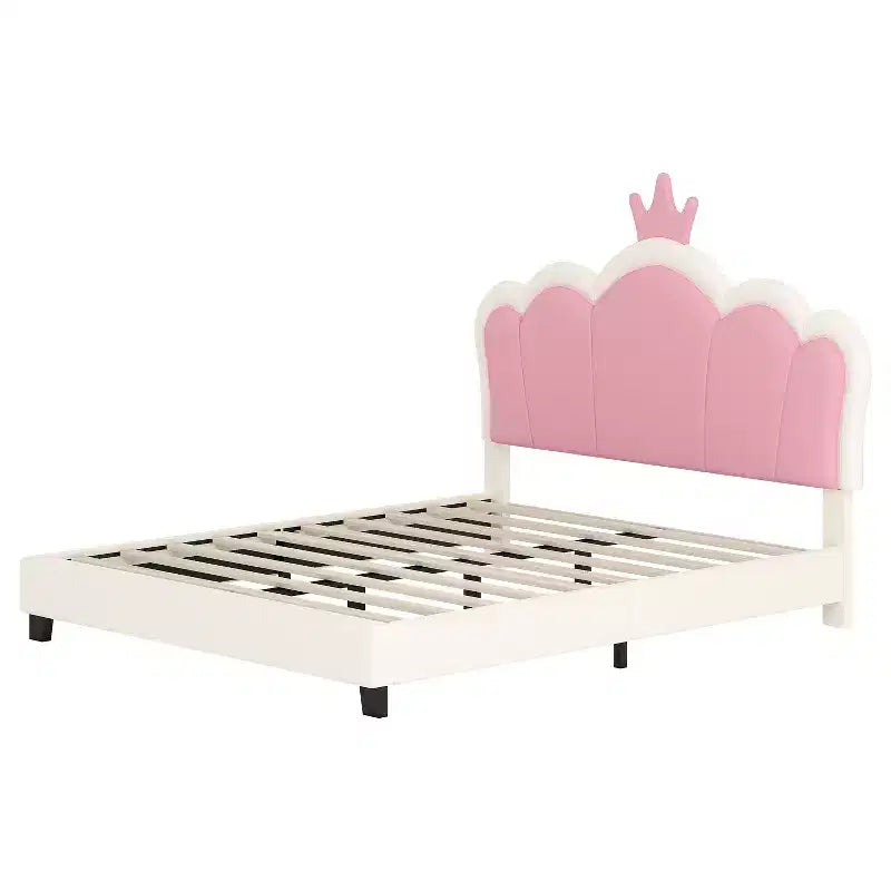 Twin/Full Princess Bed with Crown Headboard; PU Leather Pink Platform Bed Frame for Kids Bedroom
