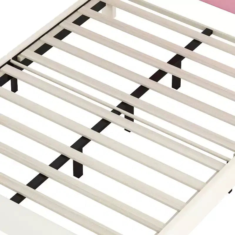 Twin/Full Princess Bed with Crown Headboard; PU Leather Pink Platform Bed Frame for Kids Bedroom