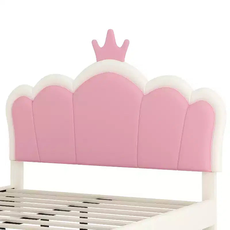 Twin/Full Princess Bed with Crown Headboard; PU Leather Pink Platform Bed Frame for Kids Bedroom
