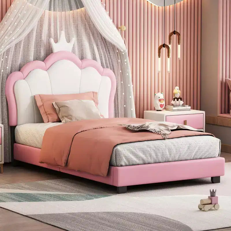 Twin/Full Princess Bed with Crown Headboard; PU Leather Pink Platform Bed Frame for Kids Bedroom