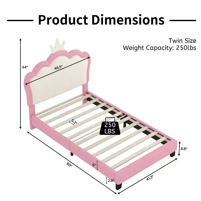 Twin/Full Princess Bed with Crown Headboard; PU Leather Pink Platform Bed Frame for Kids Bedroom