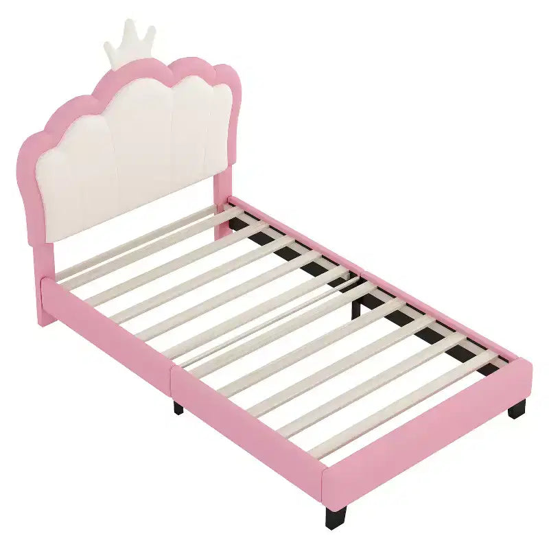 Twin/Full Princess Bed with Crown Headboard; PU Leather Pink Platform Bed Frame for Kids Bedroom