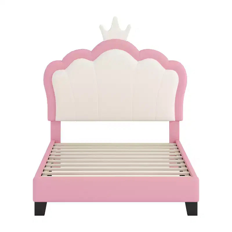 Twin/Full Princess Bed with Crown Headboard; PU Leather Pink Platform Bed Frame for Kids Bedroom