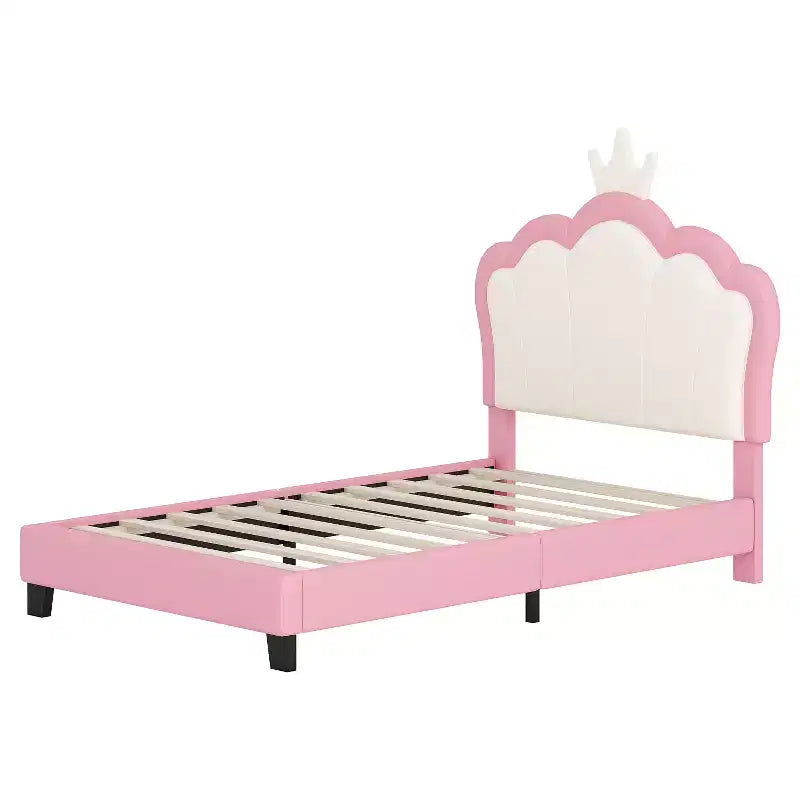 Twin/Full Princess Bed with Crown Headboard; PU Leather Pink Platform Bed Frame for Kids Bedroom