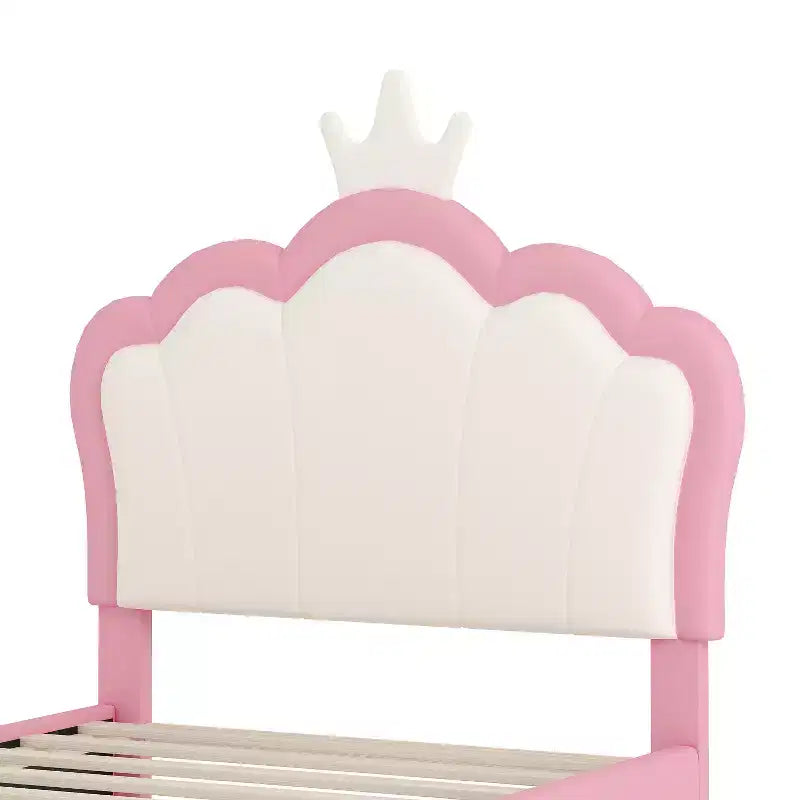 Twin/Full Princess Bed with Crown Headboard; PU Leather Pink Platform Bed Frame for Kids Bedroom