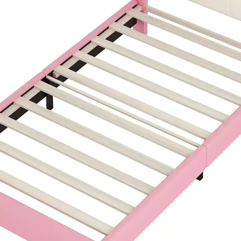 Twin/Full Princess Bed with Crown Headboard; PU Leather Pink Platform Bed Frame for Kids Bedroom