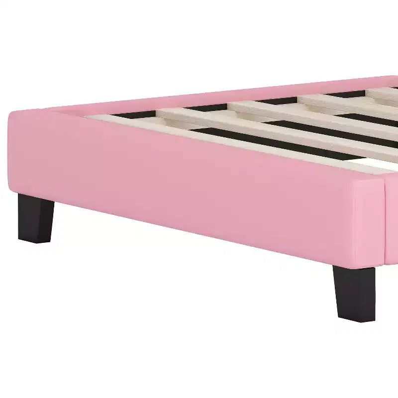 Twin/Full Princess Bed with Crown Headboard; PU Leather Pink Platform Bed Frame for Kids Bedroom