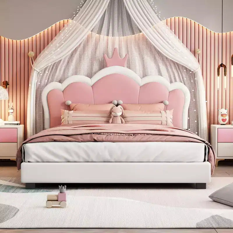 Twin/Full Princess Bed with Crown Headboard; PU Leather Pink Platform Bed Frame for Kids Bedroom