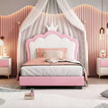 Twin/Full Princess Bed with Crown Headboard; PU Leather Pink Platform Bed Frame for Kids Bedroom