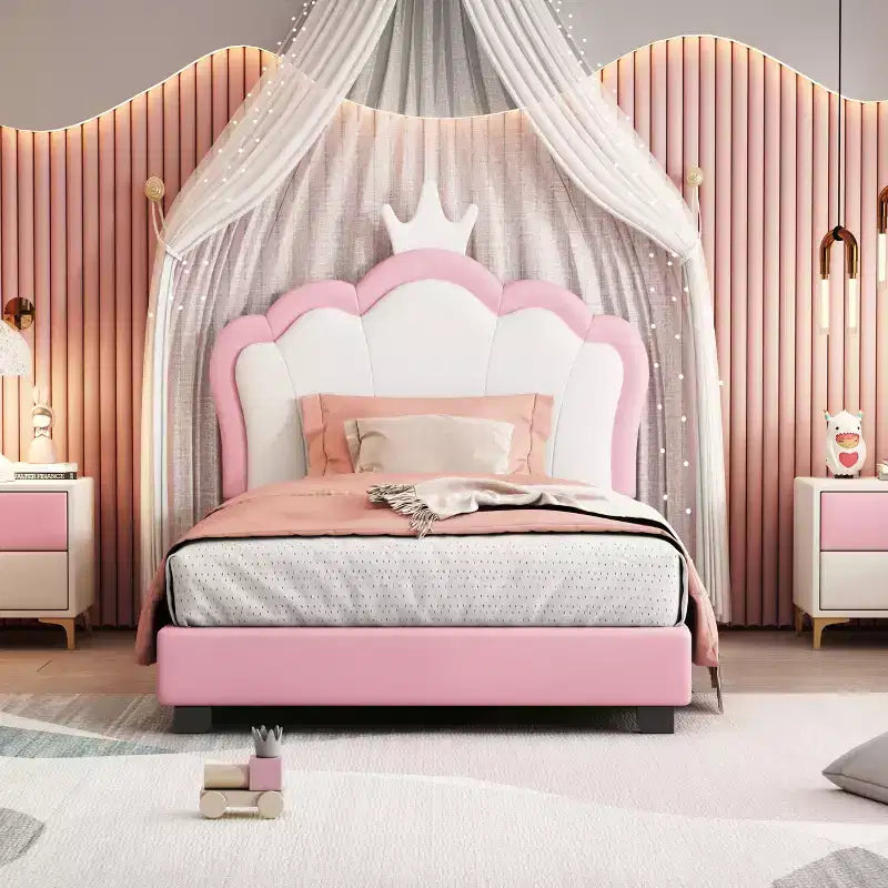 Twin/Full Princess Bed with Crown Headboard; PU Leather Pink Platform Bed Frame for Kids Bedroom