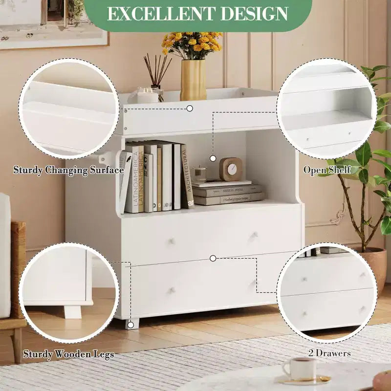 Wooden Changing Table; Baby Dressing Table with 2 Drawers & Shelves; Multi-Functional Baby Diaper Station for Bedroom; Kids Room; Nursery