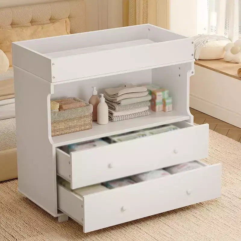 Wooden Changing Table; Baby Dressing Table with 2 Drawers & Shelves; Multi-Functional Baby Diaper Station for Bedroom; Kids Room; Nursery