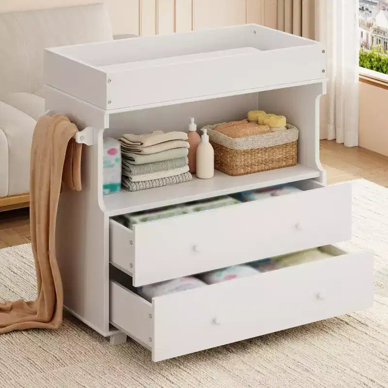 Wooden Changing Table; Baby Dressing Table with 2 Drawers & Shelves; Multi-Functional Baby Diaper Station for Bedroom; Kids Room; Nursery