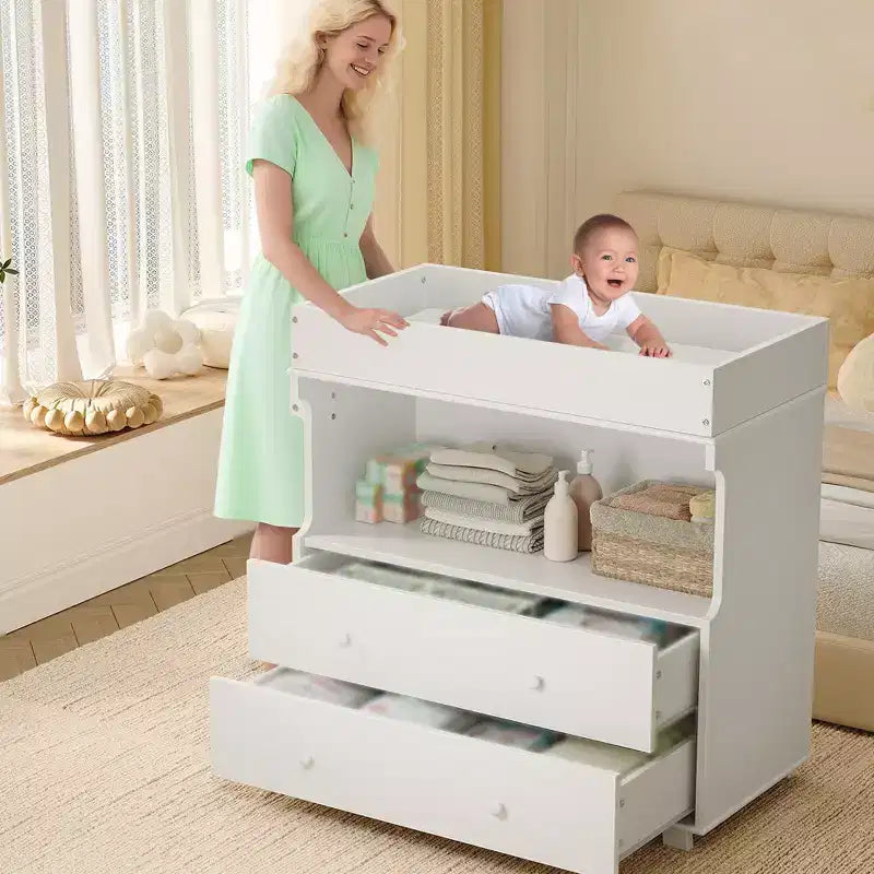 Wooden Changing Table; Baby Dressing Table with 2 Drawers & Shelves; Multi-Functional Baby Diaper Station for Bedroom; Kids Room; Nursery