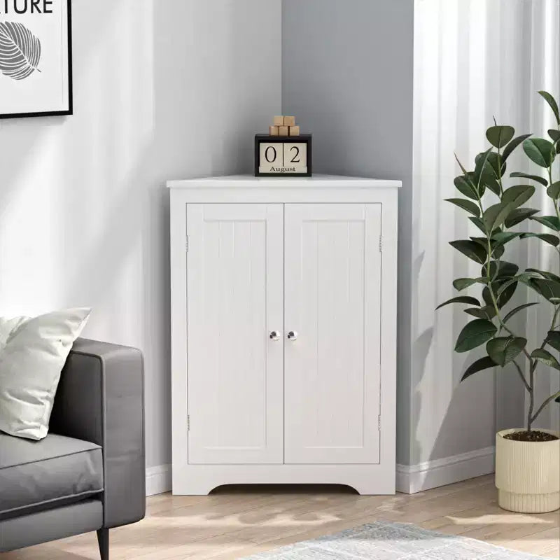 Corner Storage Cabinet; Modern Narrow Organizer with Adjustable Shelf; 2 Doors with Silver Knobs; Floor Cabinet for Living Room and Kitchen