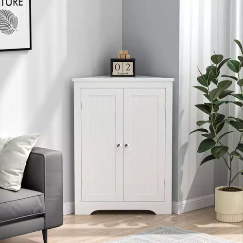 Corner Storage Cabinet; Modern Narrow Organizer with Adjustable Shelf; 2 Doors with Silver Knobs; Floor Cabinet for Living Room and Kitchen