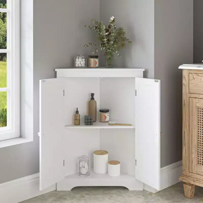 Corner Storage Cabinet; Modern Narrow Organizer with Adjustable Shelf; 2 Doors with Silver Knobs; Floor Cabinet for Living Room and Kitchen