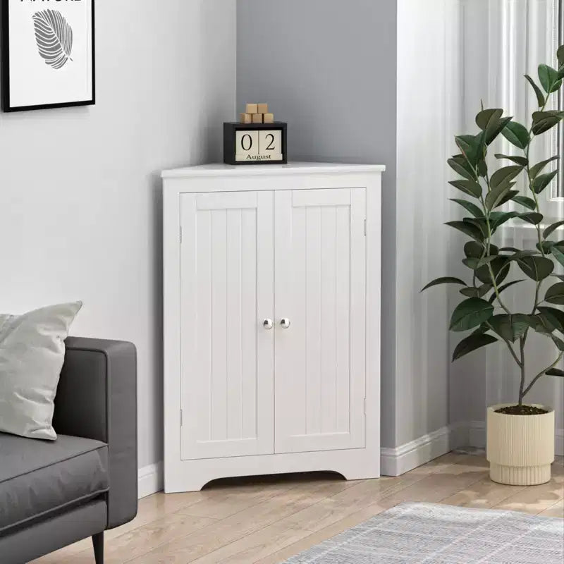 Corner Storage Cabinet; Modern Narrow Organizer with Adjustable Shelf; 2 Doors with Silver Knobs; Floor Cabinet for Living Room and Kitchen