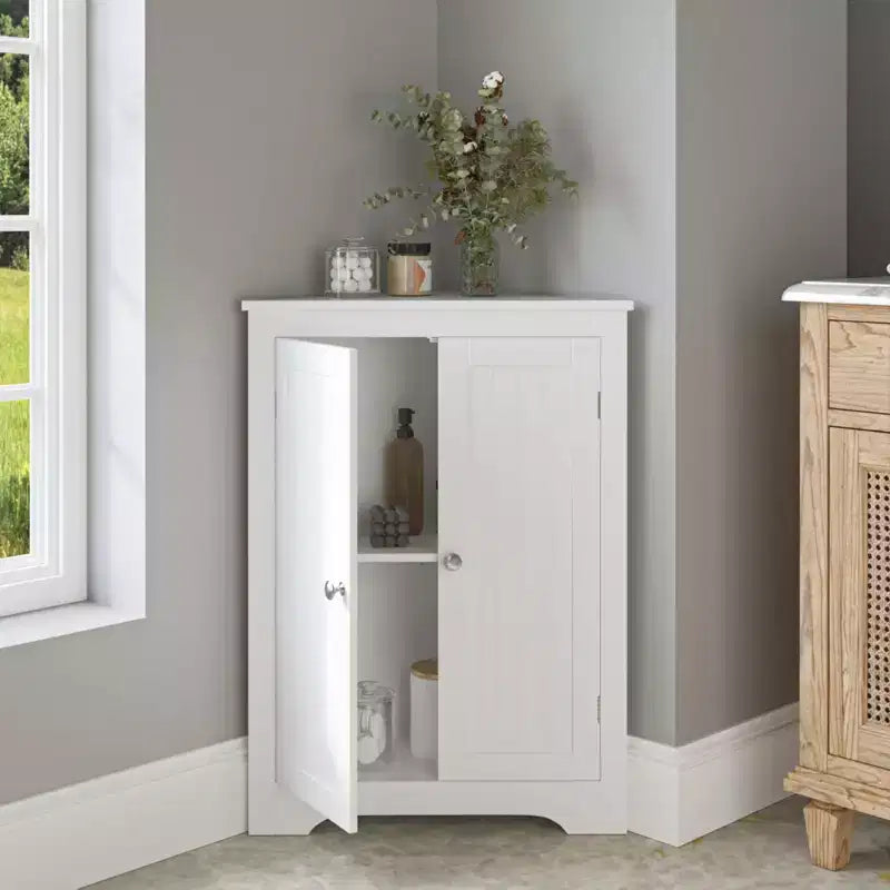 Corner Storage Cabinet; Modern Narrow Organizer with Adjustable Shelf; 2 Doors with Silver Knobs; Floor Cabinet for Living Room and Kitchen