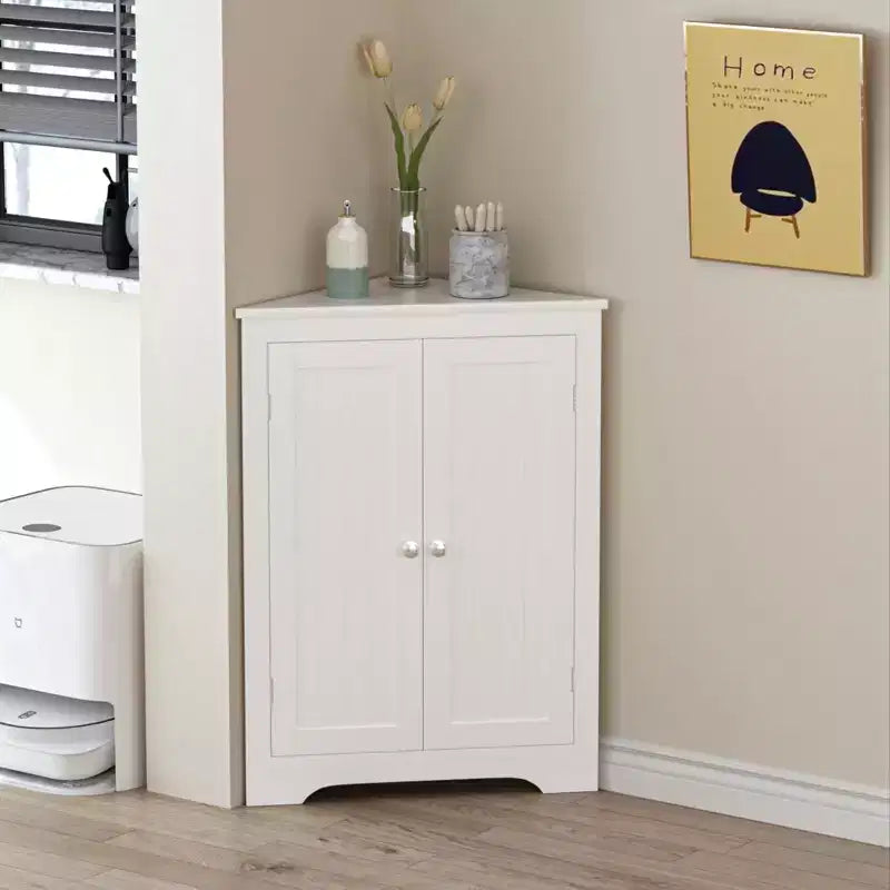 Corner Storage Cabinet; Modern Narrow Organizer with Adjustable Shelf; 2 Doors with Silver Knobs; Floor Cabinet for Living Room and Kitchen