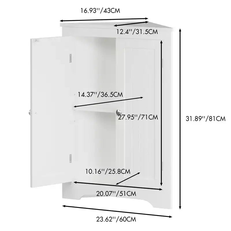 Corner Storage Cabinet; Modern Narrow Organizer with Adjustable Shelf; 2 Doors with Silver Knobs; Floor Cabinet for Living Room and Kitchen