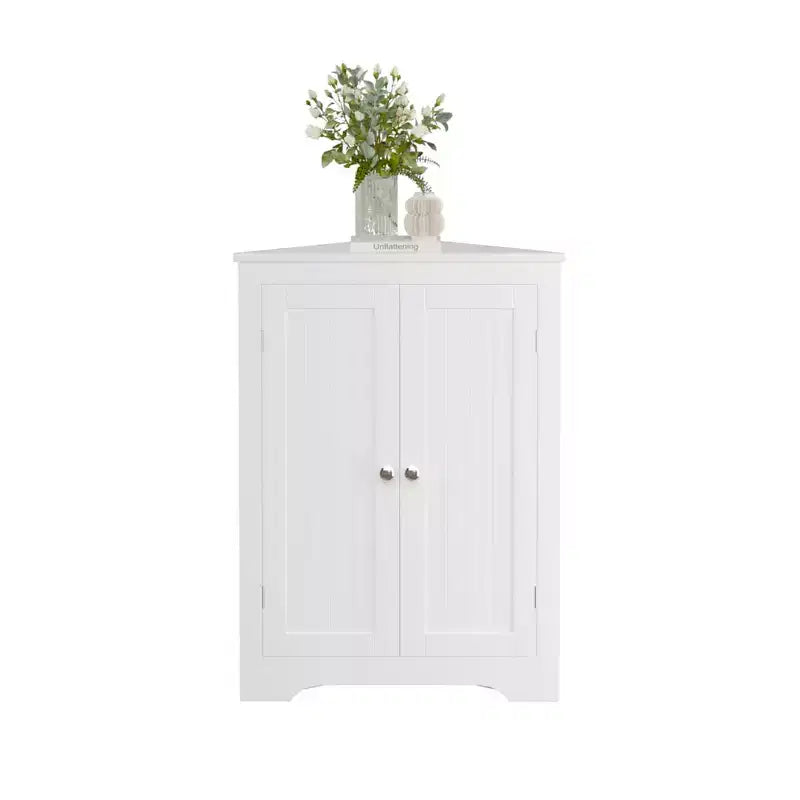 Corner Storage Cabinet; Modern Narrow Organizer with Adjustable Shelf; 2 Doors with Silver Knobs; Floor Cabinet for Living Room and Kitchen