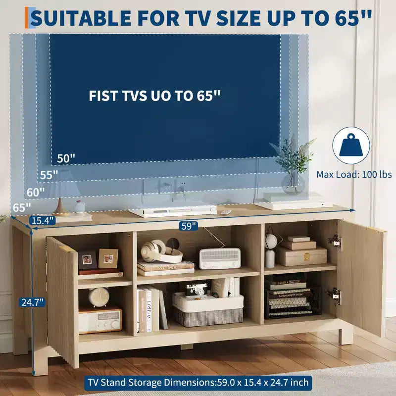 Fluted TV Stand for 65 Inch TV; Modern Console Table with Open Shelves;Heavy-Duty Entertainment Center; for Living Room; Bedroom