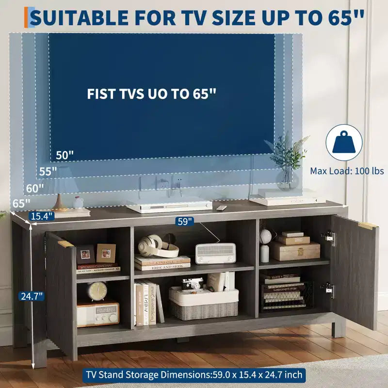 Fluted TV Stand for 65 Inch TV; Modern Console Table with Open Shelves;Heavy-Duty Entertainment Center; for Living Room; Bedroom
