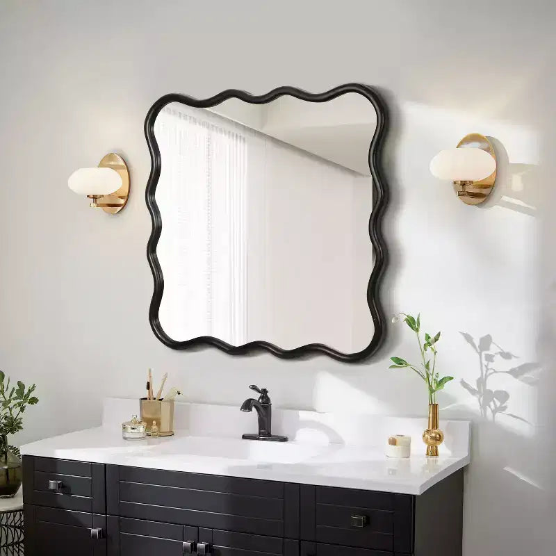 Wavy Wall Mounted Mirror with Wooden Beveled Edge; Hangs Horizontally or Vertically; Ideal for Bathroom; Dressing Table or Living Room Decor