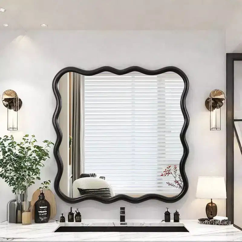 Wavy Wall Mounted Mirror with Wooden Beveled Edge; Hangs Horizontally or Vertically; Ideal for Bathroom; Dressing Table or Living Room Decor