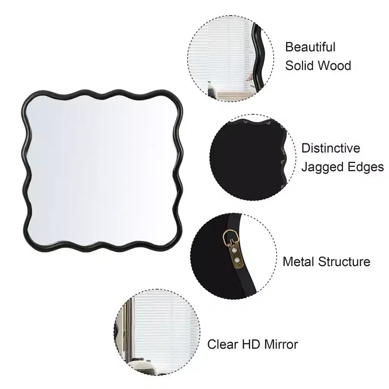 Wavy Wall Mounted Mirror with Wooden Beveled Edge; Hangs Horizontally or Vertically; Ideal for Bathroom; Dressing Table or Living Room Decor