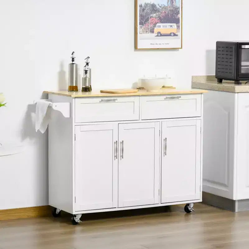 Okak Modern Kitchen Island with Wooden Top; Kitchen Cart with Storage Drawers and Adjustable Shelves; Rolling Kitchen Island for Home; White