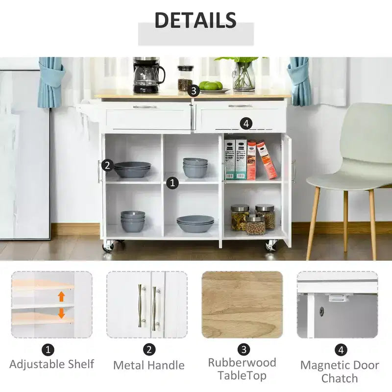 Okak Modern Kitchen Island with Wooden Top; Kitchen Cart with Storage Drawers and Adjustable Shelves; Rolling Kitchen Island for Home; White