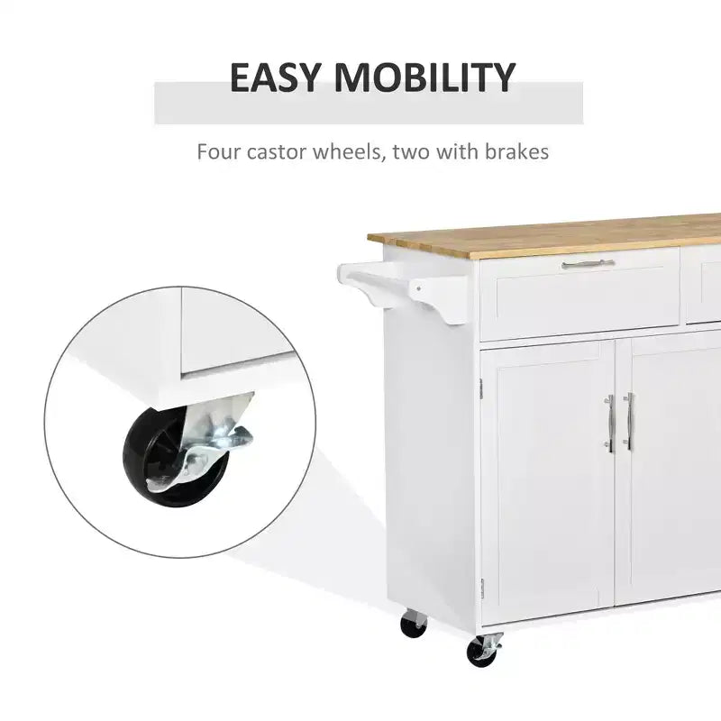 Okak Modern Kitchen Island with Wooden Top; Kitchen Cart with Storage Drawers and Adjustable Shelves; Rolling Kitchen Island for Home; White