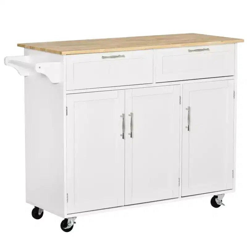 Okak Modern Kitchen Island with Wooden Top; Kitchen Cart with Storage Drawers and Adjustable Shelves; Rolling Kitchen Island for Home; White