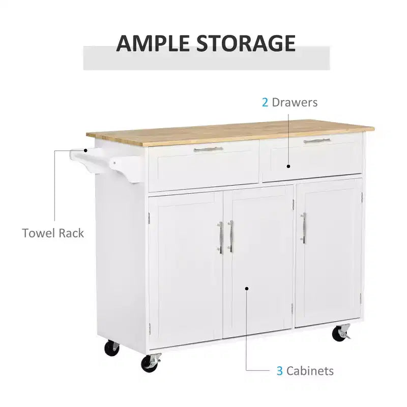 Okak Modern Kitchen Island with Wooden Top; Kitchen Cart with Storage Drawers and Adjustable Shelves; Rolling Kitchen Island for Home; White