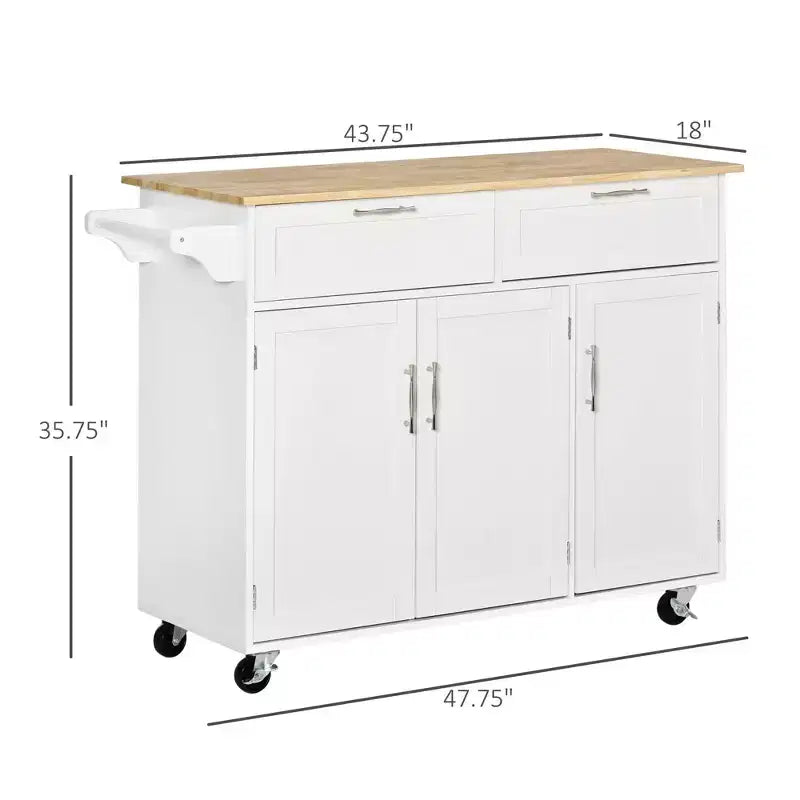 Okak Modern Kitchen Island with Wooden Top; Kitchen Cart with Storage Drawers and Adjustable Shelves; Rolling Kitchen Island for Home; White