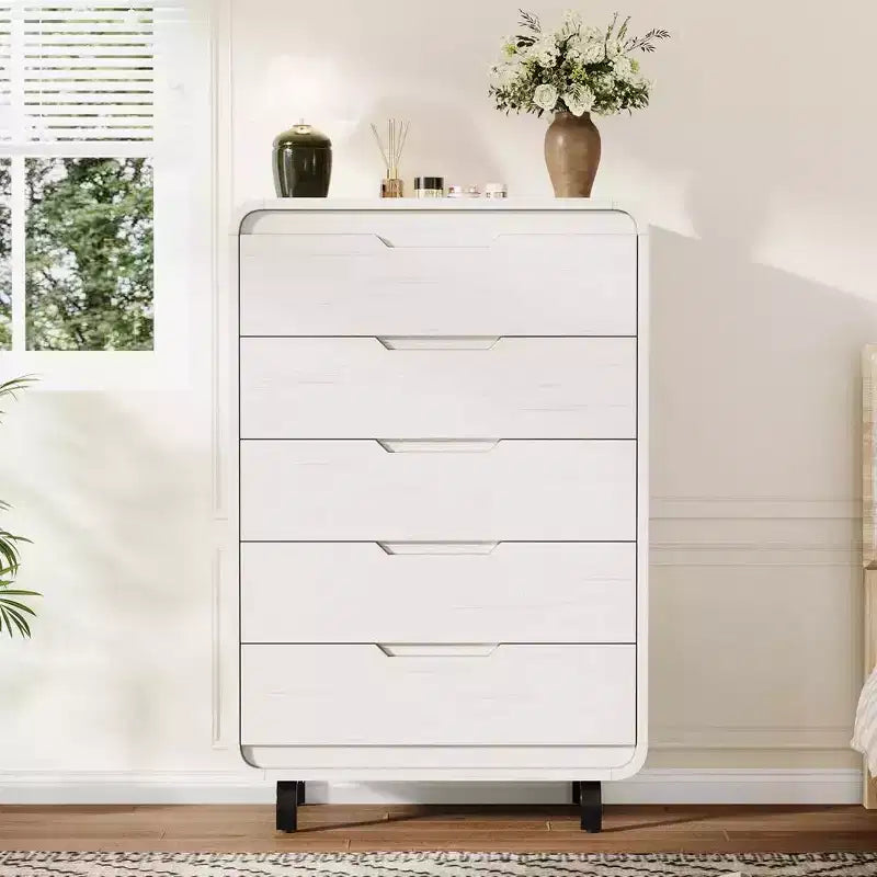Modern Wood Dresser with Metal Legs: Natural Wood Chest of Drawers featuring Rounded Corners & Anti-Tip Kit for Bedroom Safety.