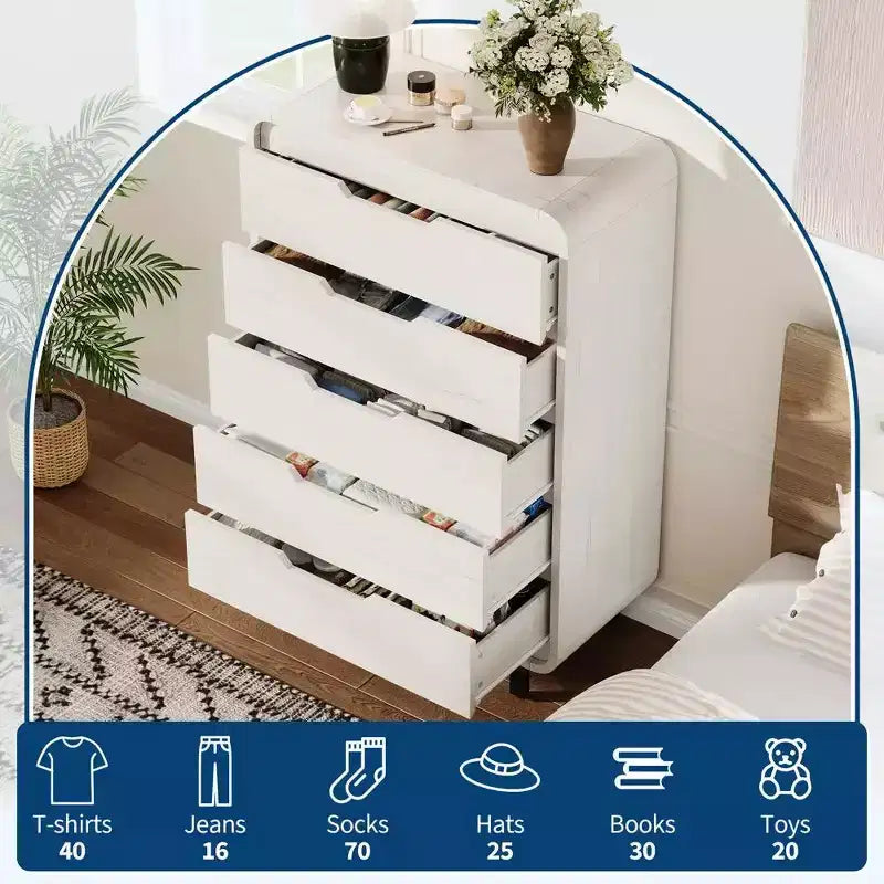 Modern Wood Dresser with Metal Legs: Natural Wood Chest of Drawers featuring Rounded Corners & Anti-Tip Kit for Bedroom Safety.