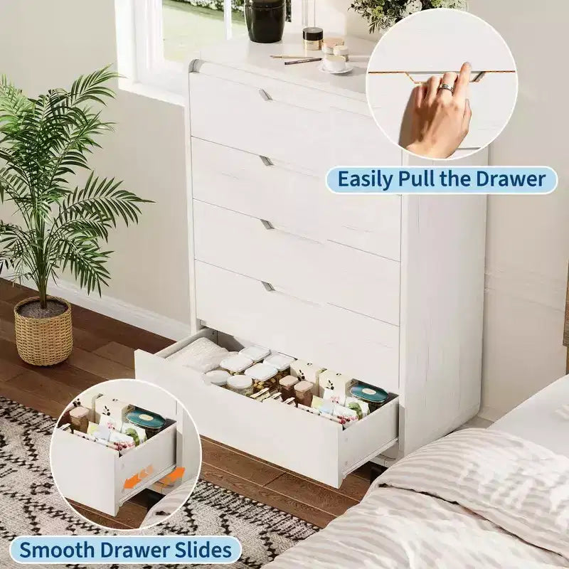 Modern Wood Dresser with Metal Legs: Natural Wood Chest of Drawers featuring Rounded Corners & Anti-Tip Kit for Bedroom Safety.
