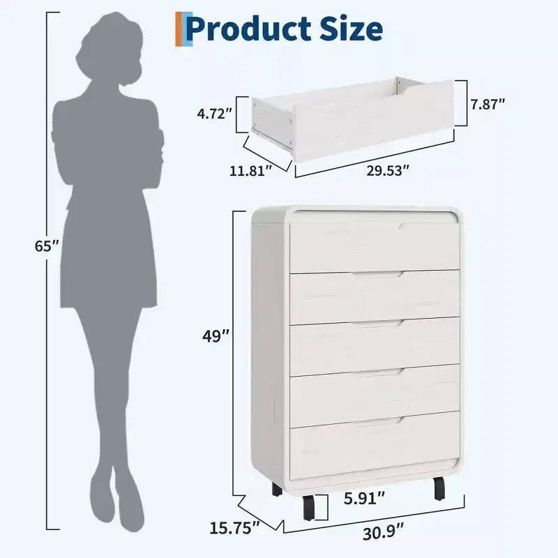 Modern Wood Dresser with Metal Legs: Natural Wood Chest of Drawers featuring Rounded Corners & Anti-Tip Kit for Bedroom Safety.