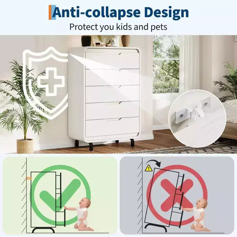 Modern Wood Dresser with Metal Legs: Natural Wood Chest of Drawers featuring Rounded Corners & Anti-Tip Kit for Bedroom Safety.